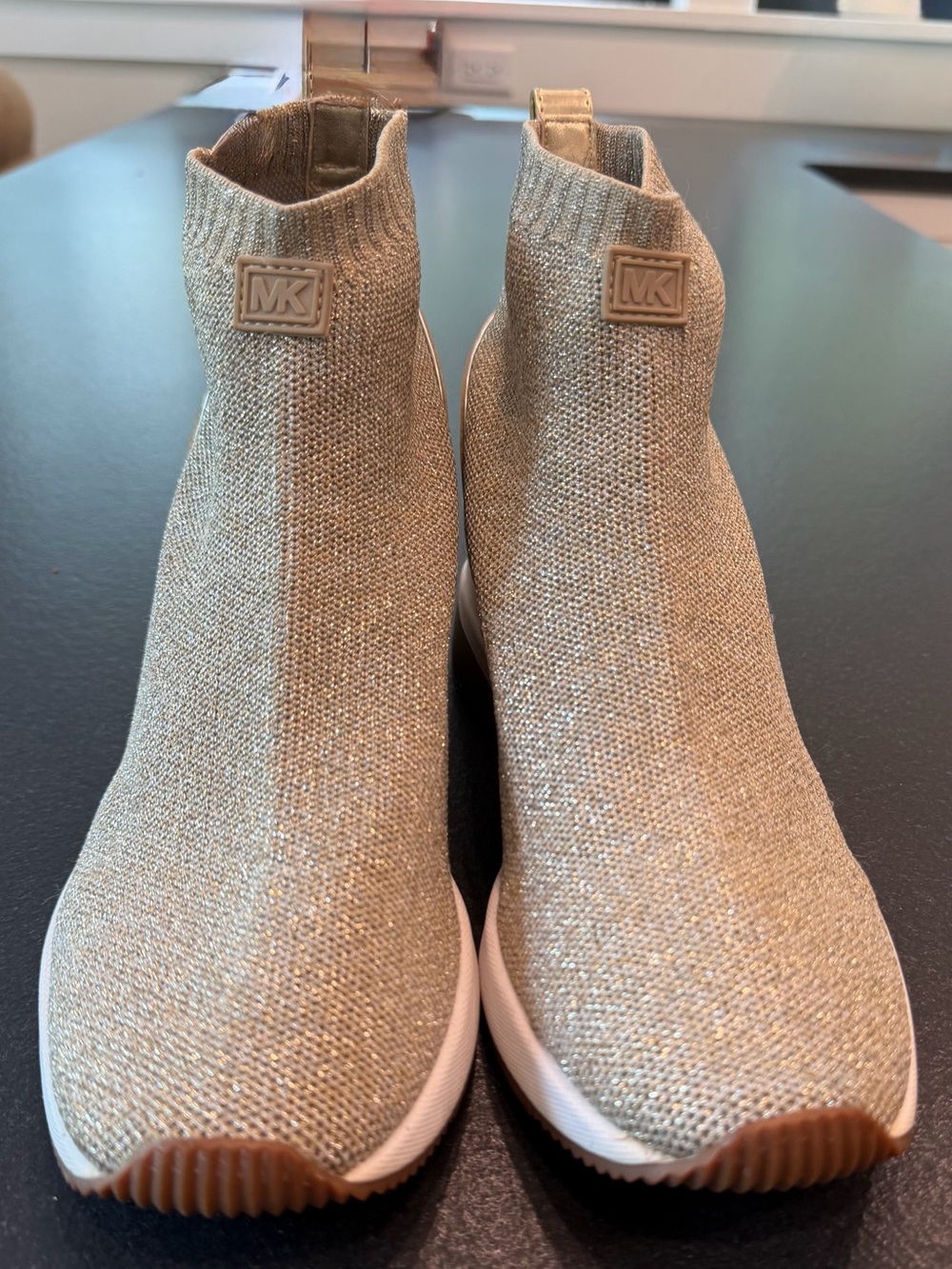 Michael Kors Skyler Knit Wedge Sneakers Metallic Gold Sock Booties 7.5 - Picture 4 of 8